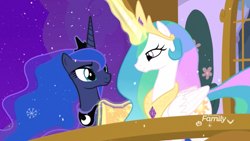 Size: 1920x1080 | Tagged: safe, screencap, princess celestia, princess luna, alicorn, pony, best gift ever, balcony, blanket, cute, cutelestia, discovery family logo, duo, duo female, ethereal mane, female, glowing horn, jewelry, looking at each other, lunabetes, magic, magic aura, mare, momlestia fuel, night, peytral, plant, regalia, royal sisters, sisterly love, sisters, smiling, snow, snowfall, snowflake, starry mane, telekinesis