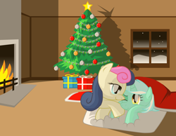 Size: 1800x1400 | Tagged: safe, artist:dekomaru, bon bon, lyra heartstrings, sweetie drops, christmas, christmas tree, female, fireplace, lesbian, lyrabon, shipping, tree, winter