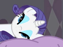 Size: 480x360 | Tagged: artist needed, safe, rarity, pony, unicorn, animation error, bedroom eyes, fan animation, female, looking at you, lying down, lying on bed, mare, out of context, smiling, solo