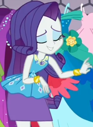 Size: 646x884 | Tagged: safe, screencap, rarity, better together, choose your own ending, costume conundrum, costume conundrum: rarity, equestria girls, clothes, cropped, eyes closed, female, geode of shielding, leaned forward, magical geodes, pencil skirt, rarity's bedroom, skirt, smiling, solo, this old thing