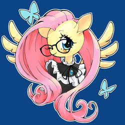 Size: 1000x1000 | Tagged: safe, artist:unousaya, fluttershy, pegasus, pony, blushing, clothes, cute, female, glasses, looking at you, mare, one eye closed, shyabetes, smiling, solo, spread wings, wings, wink