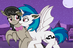 Size: 4000x2660 | Tagged: safe, artist:sketchstar-mids-sis, dj pon-3, octavia melody, vinyl scratch, bat pony, earth pony, pony, alternate cutie mark, bat ponified, batavia, fangs, female, implied lesbian, implied scratchtavia, implied shipping, lesbian, race swap, scratchtavia, shipping, vinylbat