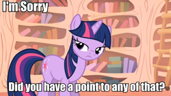 Size: 960x540 | Tagged: safe, derpibooru import, twilight sparkle, image macro, meme, reaction image, solo, unamused