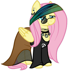 Size: 1194x1237 | Tagged: safe, artist:/d/non, derpibooru exclusive, fluttershy, pegasus, pony, clothes, ear piercing, earring, female, glasses, goth, headwrap, hippie goth, jewelry, mare, necklace, piercing, simple background, skirt, solo, transparent background