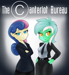 Size: 824x895 | Tagged: safe, artist:ambris, artist:lapis-lazuli, bon bon, lyra heartstrings, sweetie drops, fanfic:the canterlot bureau, equestria girls, clothes, colored pupils, commission, crossover, duo, fanfic art, fanfic cover, hilarious in hindsight, hips, suit, the x files, x-files