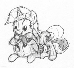 Size: 843x779 | Tagged: safe, anonymous artist, bon bon, lyra heartstrings, sweetie drops, adorabon, cute, eye contact, female, floppy ears, lesbian, looking at each other, lyrabetes, lyrabon, monochrome, on top, prone, shipping, sketch, smiling, traditional art