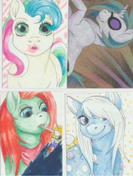 Size: 781x1032 | Tagged: safe, artist:bekuno, dj pon-3, miss painter, night glider (g1), vinyl scratch, pony, unicorn, g1, g2, g3, g4, atc, bubblegum, food, gum, traditional art