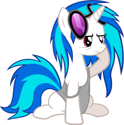 Size: 1726x1742 | Tagged: safe, artist:zacatron94, dj pon-3, vinyl scratch, pony, unicorn, bed mane, broken glass, broken glasses, female, hooves, horn, mare, morning ponies, simple background, sitting, solo, sunglasses, transparent background, vector