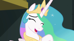 Size: 1920x1080 | Tagged: safe, screencap, princess celestia, alicorn, pony, better together, equestria girls, forgotten friendship, cute, cutelestia, eyes closed, female, giggling, laughing, mare, mischievous, playful, raised hoof, solo