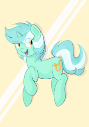 Size: 750x1061 | Tagged: safe, artist:perrydotto, lyra heartstrings, pony, unicorn, abstract background, hopping, jumping, smiling, solo