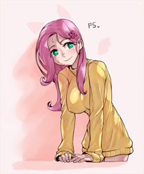 Size: 650x786 | Tagged: safe, artist:srets, fluttershy, human, blushing, breasts, clothes, female, hootershy, humanized, smiling, solo, sweat, sweater, sweatershy