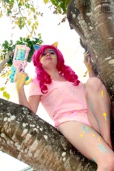 Size: 427x640 | Tagged: safe, artist:krazykari, pinkie pie, human, clothes, cosplay, costume, irl, irl human, nerf, nerf gun, paintball, photo, solo, tree