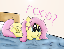 Size: 4500x3500 | Tagged: safe, artist:rainyvisualz, fluttershy, pegasus, pony, absurd resolution, bed, cute, dialogue, folded wings, hungry, messy mane, prone, small, wings