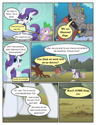 Size: 612x792 | Tagged: safe, artist:newbiespud, edit, edited screencap, screencap, rarity, rover, spike, diamond dog, dragon, pony, unicorn, comic:friendship is dragons, clothes, collar, comic, dialogue, eating, female, hole, horn, magic, male, mare, mountain, screencap comic, slit eyes, spiked collar, tree, vest, wagon