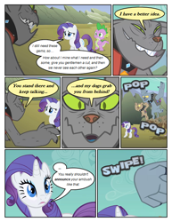 Size: 612x792 | Tagged: safe, artist:newbiespud, edit, edited screencap, screencap, fido, rarity, rover, spike, spot, dragon, pony, unicorn, comic:friendship is dragons, clothes, collar, comic, dialogue, female, male, mare, onomatopoeia, screencap comic, slit eyes, spiked collar, vest