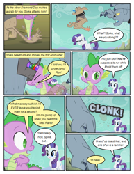 Size: 612x792 | Tagged: safe, artist:newbiespud, edit, edited screencap, screencap, fido, rarity, spike, spot, diamond dog, dragon, pony, unicorn, comic:friendship is dragons, collar, comic, dialogue, female, fight, male, mare, onomatopoeia, screencap comic, spiked collar