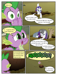 Size: 612x792 | Tagged: safe, artist:newbiespud, edit, edited screencap, screencap, fido, rarity, rover, spike, spot, dragon, pony, unicorn, comic:friendship is dragons, comic, dialogue, female, fight, hole, kidnapped, male, mare, no, screencap comic