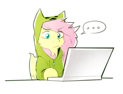 Size: 500x381 | Tagged: safe, artist:suplolnope, fluttershy, pegasus, pony, ..., clothes, computer, creepershy, hoodie, laptop computer, minecraft, solo