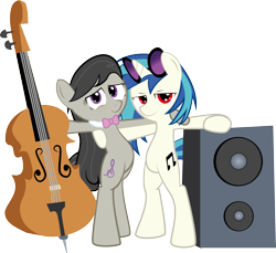 Size: 3200x2935 | Tagged: safe, artist:hoodie-stalker, dj pon-3, octavia melody, vinyl scratch, earth pony, pony, cello, musical instrument, simple background, speakers, transparent background, wrong eye color