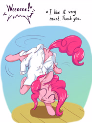 Size: 2313x3072 | Tagged: safe, artist:alcor, pinkie pie, earth pony, pony, balancing, blushing, cheek fluff, clothes, cute, dialogue, diapinkes, dock, ear fluff, eyes closed, female, fluffy, happy, leg fluff, looking at you, mare, open mouth, pinkie being pinkie, shirt, smiling, solo, underhoof, upside down, wat, you're doing it wrong