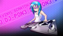 Size: 3840x2160 | Tagged: safe, artist:saymanhd, dj pon-3, vinyl scratch, human, humanized, light skin, nail polish, solo, turntable