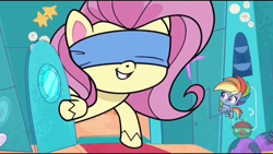 Size: 1136x640 | Tagged: safe, derpibooru import, screencap, fluttershy, rainbow dash, pegasus, pony, dol-fin-ale, my little pony: pony life, spoiler:pony life s01e18, blindfold, cute, dashabetes, female, giantess, giantshy, macro, shyabetes