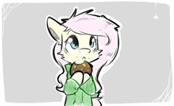 Size: 500x306 | Tagged: safe, artist:suplolnope, fluttershy, pegasus, pony, clothes, cookie, cute, food, hoodie