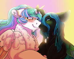 Size: 3000x2400 | Tagged: safe, artist:venomlion3, princess celestia, queen chrysalis, alicorn, changeling, changeling queen, pony, chest fluff, chryslestia, female, lesbian, shipping