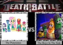 Size: 900x643 | Tagged: safe, big macintosh, fluttershy, rarity, pegasus, pony, unicorn, battle of the bands, death battle, exploitable meme, jimmy, junior, larry the cucumber, meme, mr. lunt, ponytones, the boyz in the sink, veggietales