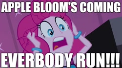 Size: 1280x714 | Tagged: safe, edit, edited screencap, screencap, apple bloom, pinkie pie, equestria girls, spoiler:comic, spoiler:comicholiday2014, anon-a-miss, image macro, meme, scared, scary, solo, yelling