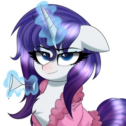 Size: 1024x1024 | Tagged: safe, artist:vale-bandicoot96, rarity, pony, unicorn, bathrobe, chest fluff, clothes, cute, female, floppy ears, glass, looking at you, magic, mare, robe, simple background, solo, telekinesis, wet mane, white background