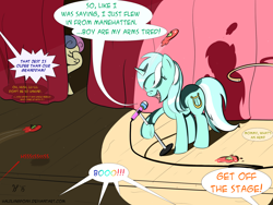 Size: 2400x1800 | Tagged: safe, artist:halflingpony, bon bon, lyra heartstrings, sweetie drops, comedian, food, shepherd's crook, stand-up comedy, tomato