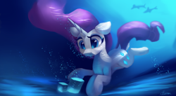 Size: 4427x2431 | Tagged: safe, artist:auroriia, rarity, pony, unicorn, female, holding breath, mare, solo, swimming, underwater