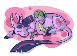 Size: 903x654 | Tagged: safe, artist:miserablemutt, derpibooru import, spike, twilight sparkle, twilight sparkle (alicorn), alicorn, classical unicorn, dragon, pony, female, leonine tail, mare, nap, sleeping