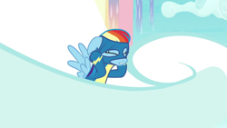 Size: 1920x1080 | Tagged: safe, derpibooru import, screencap, rainbow dash, pegasus, pony, growing up is hard to do, clothes, solo, uniform, wonderbolts uniform