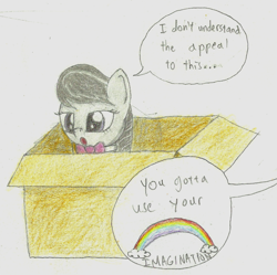 Size: 1221x1218 | Tagged: safe, artist:professionalpuppy, dj pon-3, octavia melody, vinyl scratch, earth pony, pony, cardboard box, idiot box, parody, solo, speech bubble, spongebob squarepants, traditional art