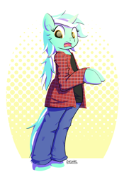 Size: 980x1400 | Tagged: safe, artist:cheshiresdesires, lyra heartstrings, pony, semi-anthro, unicorn, abstract background, bipedal, clothes, ear fluff, heart eyes, jeans, open mouth, pants, plaid, ponytail, shirt, solo, t-shirt, wingding eyes
