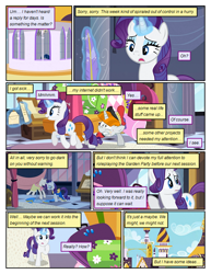 Size: 612x792 | Tagged: safe, artist:newbiespud, edit, edited screencap, screencap, bags valet, rarity, pony, unicorn, comic:friendship is dragons, bellhop pony, comic, dialogue, female, glowing horn, horn, magic, mail, male, mannequin, mare, quill, raised hoof, sad, screencap comic, stallion, suitcase, telekinesis, thinking