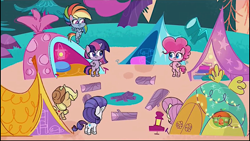 Size: 1920x1080 | Tagged: safe, derpibooru import, screencap, applejack, fluttershy, pinkie pie, rainbow dash, rarity, twilight sparkle, twilight sparkle (alicorn), alicorn, earth pony, pegasus, pony, unicorn, a camping we will go, my little pony: pony life, spoiler:pony life s01e15, bipedal, book, camping, crossed hooves, flying, hooves on hips, lamp, log, looking at each other, smiling, tent, treehouse logo, wings