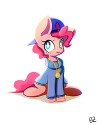 Size: 685x846 | Tagged: safe, artist:pinkieeighttwo, pinkie pie, pony, backwards ballcap, baseball cap, cap, clothes, hat, rapper pie, simple background, sitting, solo, sweater, white background