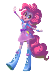 Size: 707x1000 | Tagged: safe, artist:torisakura, pinkie pie, equestria girls, balloon, boots, bracelet, clothes, equestria girls plus, high heel boots, jewelry, looking at you, ponied up, pony ears, ponytail, raised leg, simple background, skirt, solo, transparent background