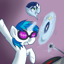 Size: 600x600 | Tagged: safe, artist:shapeshiftersoarin, dj pon-3, soarin', vinyl scratch, pony, unicorn, inanimate tf, objectification, record, transformation