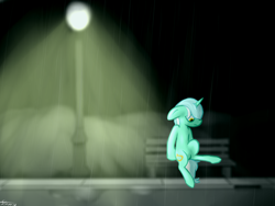 Size: 1920x1440 | Tagged: safe, artist:starry5643, lyra heartstrings, bench, depressed, depression, night, rain, sad, solo, streetlight