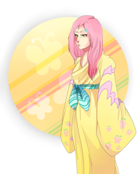 Size: 1500x1900 | Tagged: safe, artist:kristallone, fluttershy, human, alternate hairstyle, clothes, female, humanized, kimono (clothing), solo