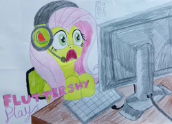 Size: 1049x761 | Tagged: safe, artist:malevolentsamson, artist:psygcosis507, fluttershy, pegasus, pony, computer, female, headphones, mare, open mouth, solo, traditional art