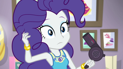 Size: 1920x1080 | Tagged: safe, screencap, rarity, better together, do it for the ponygram!, equestria girls, alternate hairstyle, female, hair dryer, hairstyle swap, pinkie pie hair, pinkity, rarity's bedroom, solo