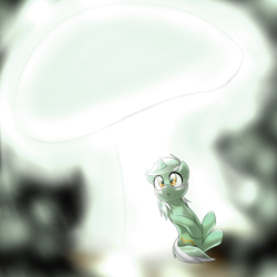 Size: 1000x1000 | Tagged: safe, artist:ushiro no kukan, lyra heartstrings, pony, unicorn, amazed, bioluminescent, giant mushroom, glow, glowing mushroom, looking at something, looking up, mushroom, sitting, solo