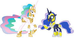 Size: 4004x2063 | Tagged: safe, artist:sketchmcreations, idw, princess celestia, princess luna, alicorn, pony, armor, duo, ethereal mane, female, helmet, mare, open mouth, raised hoof, royal sisters, simple background, sisters, starry mane, transparent background, vector, warrior, warrior celestia, warrior luna