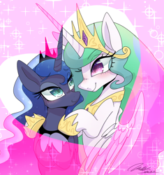 Size: 1170x1245 | Tagged: safe, artist:bbtasu, princess celestia, princess luna, alicorn, pony, blushing, crown, duo, female, heart, hug, jewelry, looking at each other, mare, regalia, royal sisters, siblings, sisterly love, sisters, sparkles