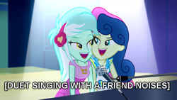 Size: 800x450 | Tagged: safe, edit, edited screencap, screencap, bon bon, lyra heartstrings, sweetie drops, equestria girls, rainbow rocks, caption, descriptive noise, duet, image macro, meme, microphone, piano, singing